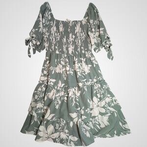 Just Found Women 2X Sage Green White Floral Smocked Tiered Ruffle Midi Dress